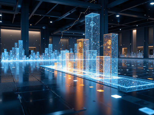 现代化科技公司大楼外观,夜晚灯光效果,城市背景,蓝色调,现代建筑风格