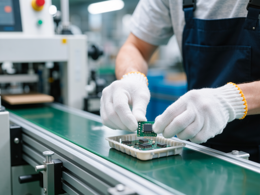 现代化生产线场景,工人正在检测存储卡产品质量,精密仪器设备,蓝色背景,明亮自然光